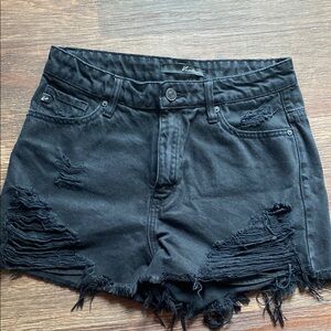 Kancan Women's Black Distressed Shorts frayed front high rise